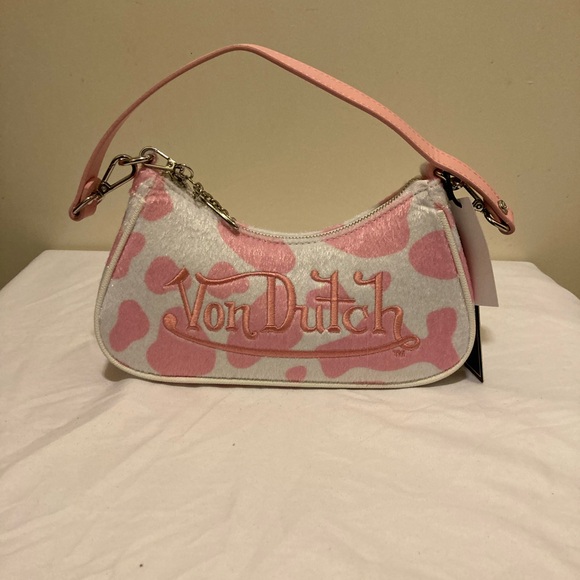 Von Dutch Handbags - Von Dutch Vegan Pony Hair Pink Cow Print Shoulder Bag W/Charms